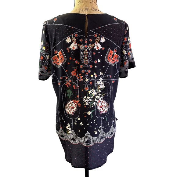 Piccione Piccione Black Floral Short Sleeve 100% Silk Blouse Top Sz 8/44 Italy - Picture 4 of 11